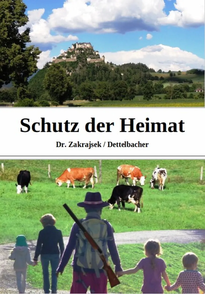 Buchcover „Schutz der Heimat“: Burg auf einem Hügel, darunter Mann mit Gewehr und Kinder vor Kühen auf einer Weide