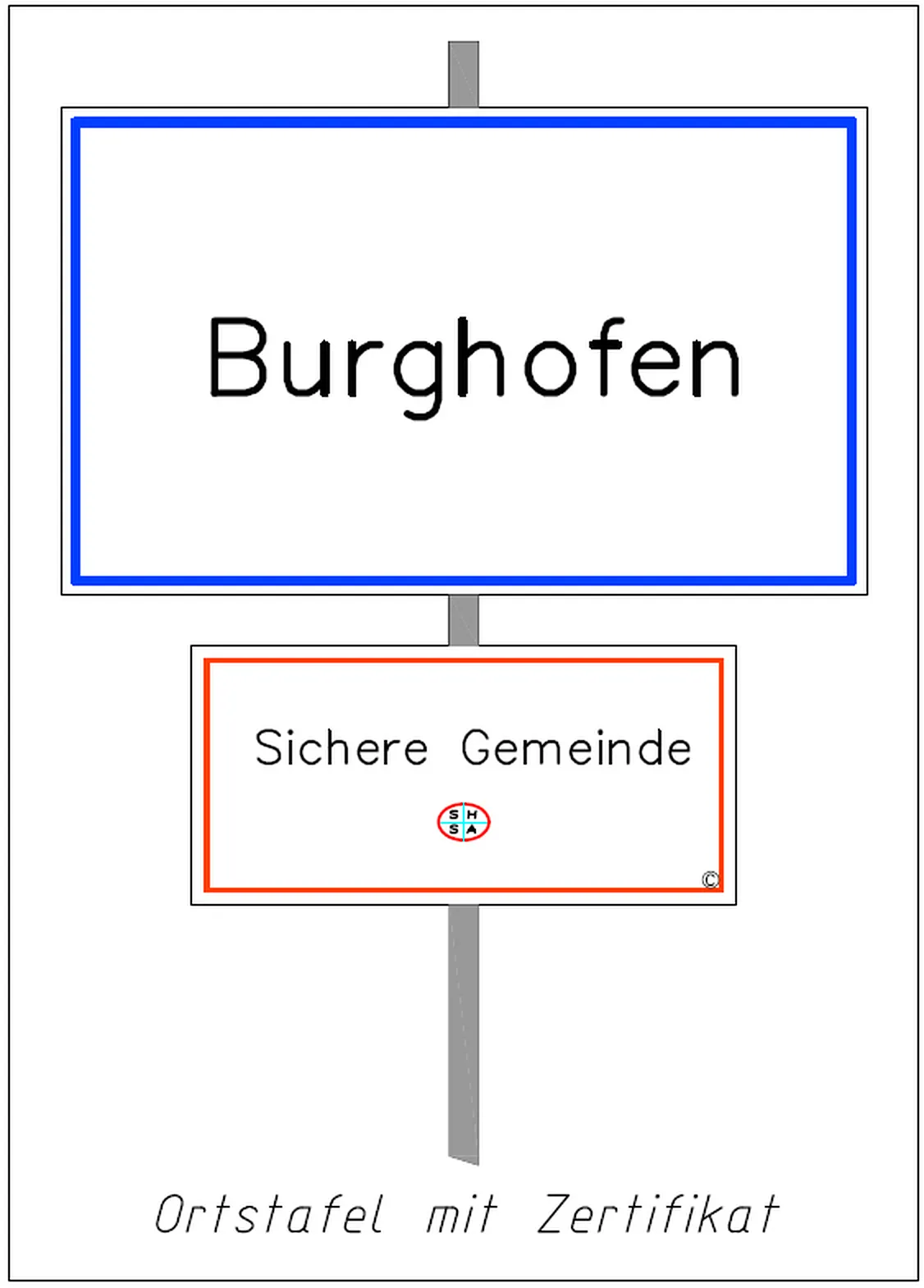Grafik einer Ortstafel „Burghofen“ mit Zusatztafel „Sichere Gemeinde“