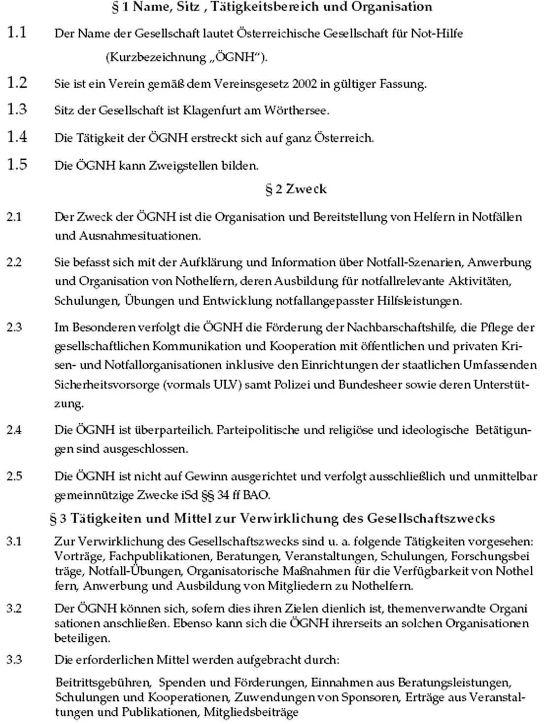 Auszug aus den Statuten der ÖGNH: § 1 Name, Sitz, Tätigkeitsbereich und Organisation; § 2 Zweck; § 3 Tätigkeiten und Mittel zur Verwirklichung des Gesellschaftszwecks
