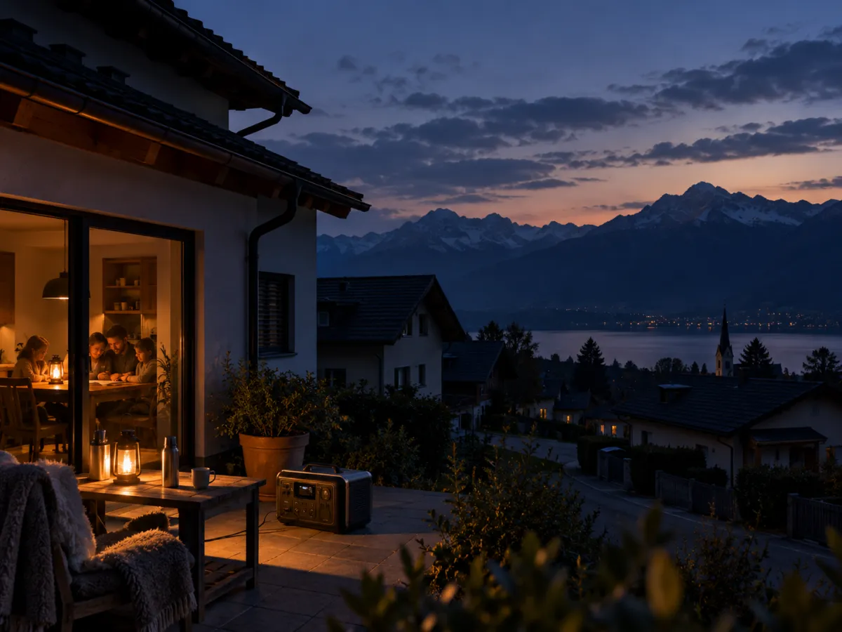 Symbolbild: Abenddämmerung, im Haus sitzt eine Familie bei Laternenlicht am Tisch, auf der Terrasse eine tragbare Stromversorgung